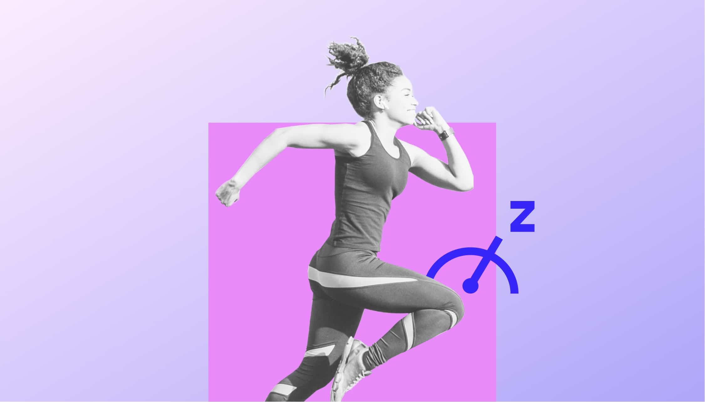 Woman running in sports dress in front of a pink purple background