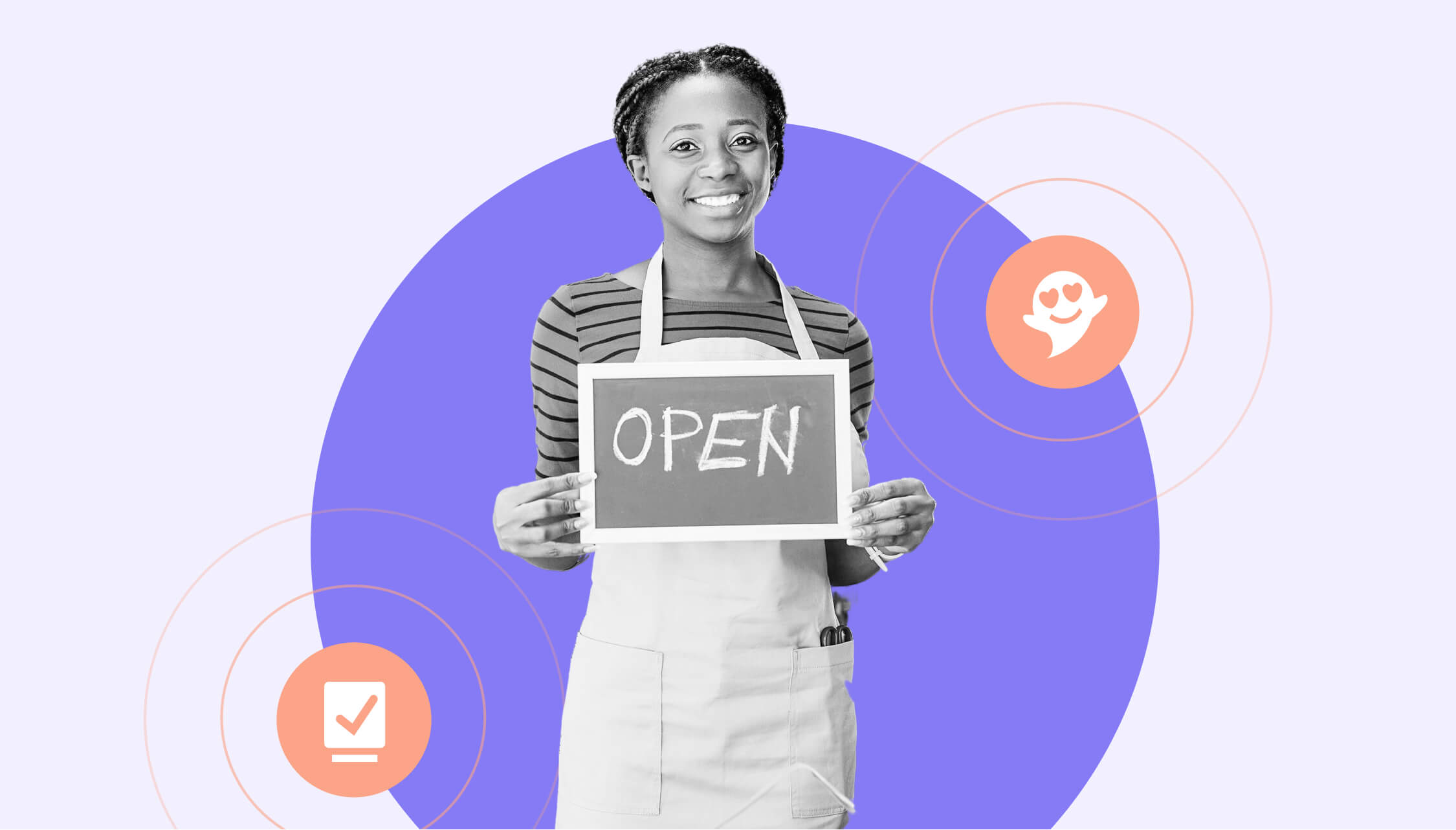 Woman with open sign on purple background surrounded by symbolic domains.