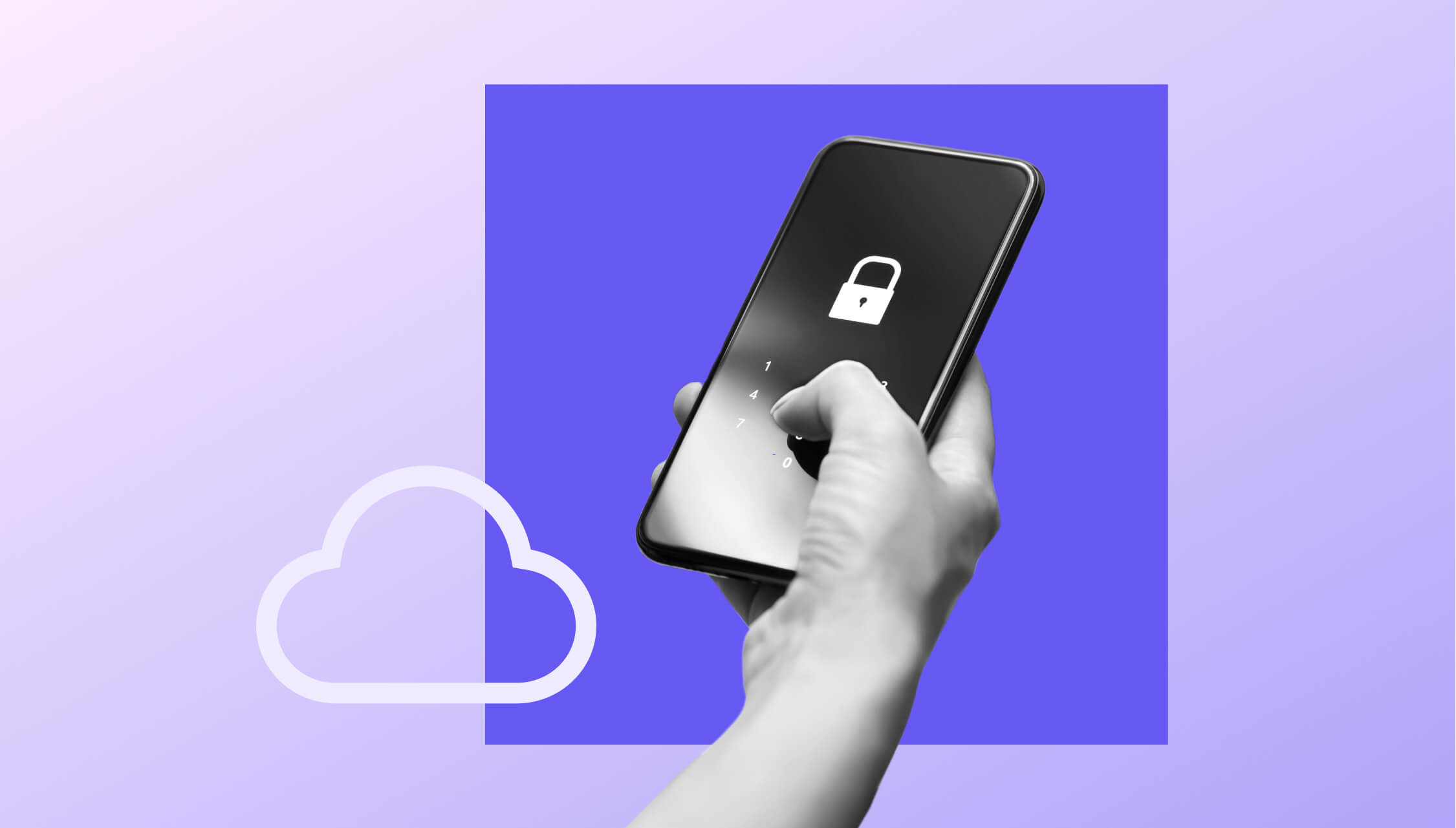 Eine Arm mit Handy in der Hand. Auf dem Handyscreen ist ein IT-Security Schloss. Im Hintergrund ein lilanes Viereck und ein Cloud Icon