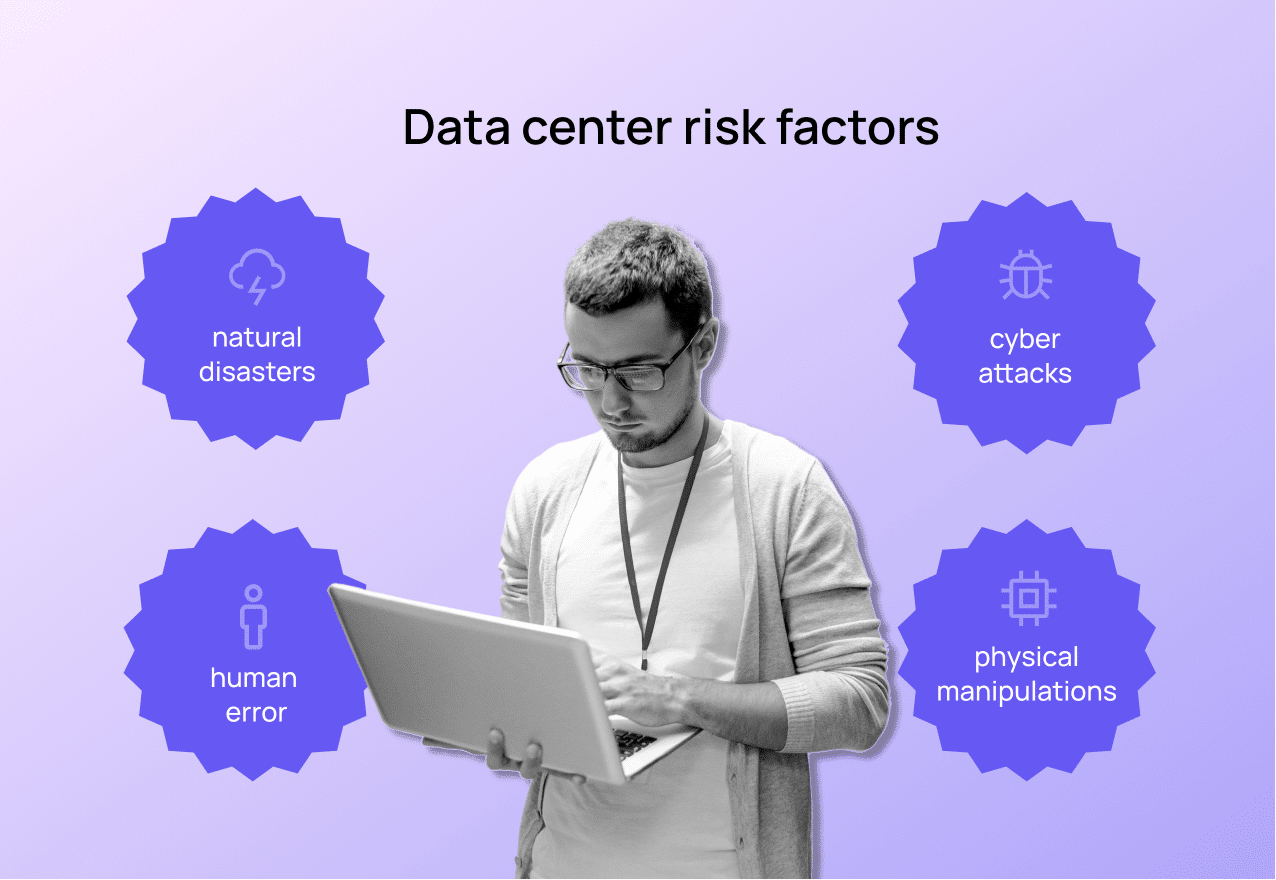Data center risk factors encompass natural disasters and human error, as well as cyber attacks and physical manipulations. These threats pose significant challenges to maintaining the security and functionality of data centers.
