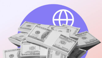 A mountain of dollar notes in front of a globe and a purple circle