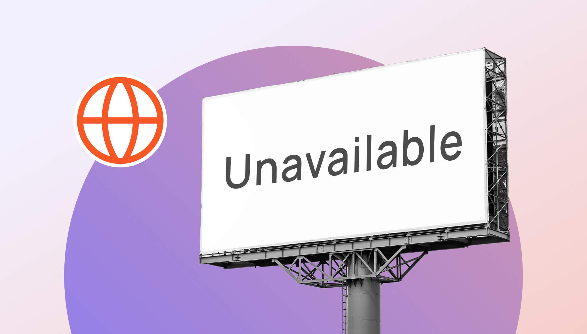 Billboard with the word "Unavailable" on purple background and an orange domain icon.