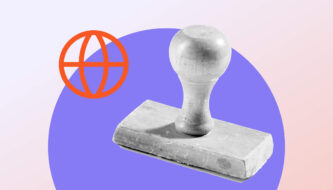 A stemp with a globe icon and a purple circle