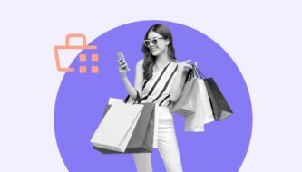 This picture shows a women with many shopping bags in her hands. At the same time, she is looking on her smartphone, suggesting she is also online shopping .
