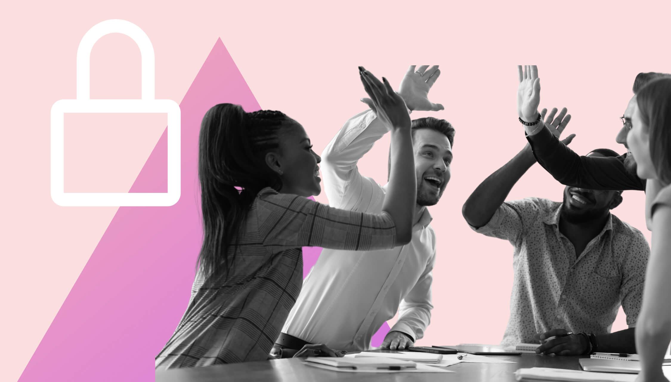 Group of people giving high-fives in front of a purple triangle