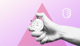 Stopwatch in one hand in front of a pink triangle and a symbol for SSL certificates