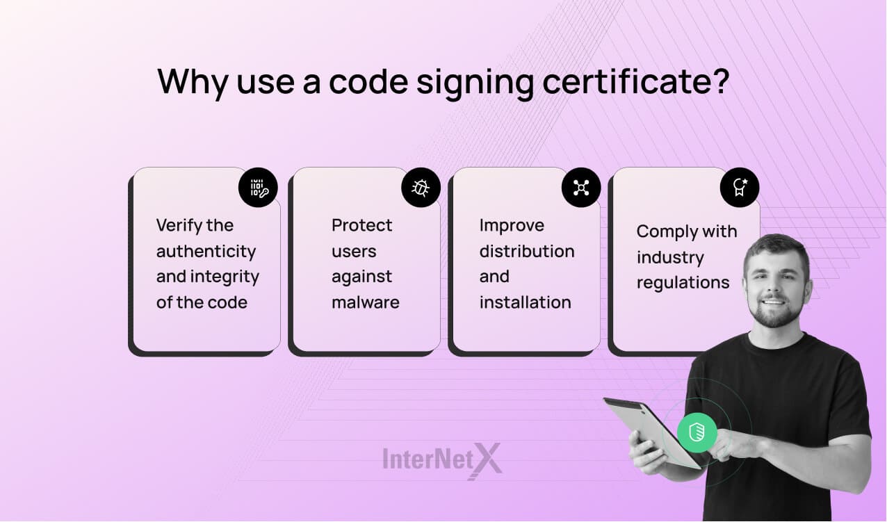 The infographic shows why you should use code signing certificates. A man with a tablet in his hand and a green security icon can also be seen. He uses the code signing certificate for the following four reasons, shown in boxes: Verify the authenticity and integrity of the code, protect users against malware, improve distribution and installation and comply with industry regulations.
