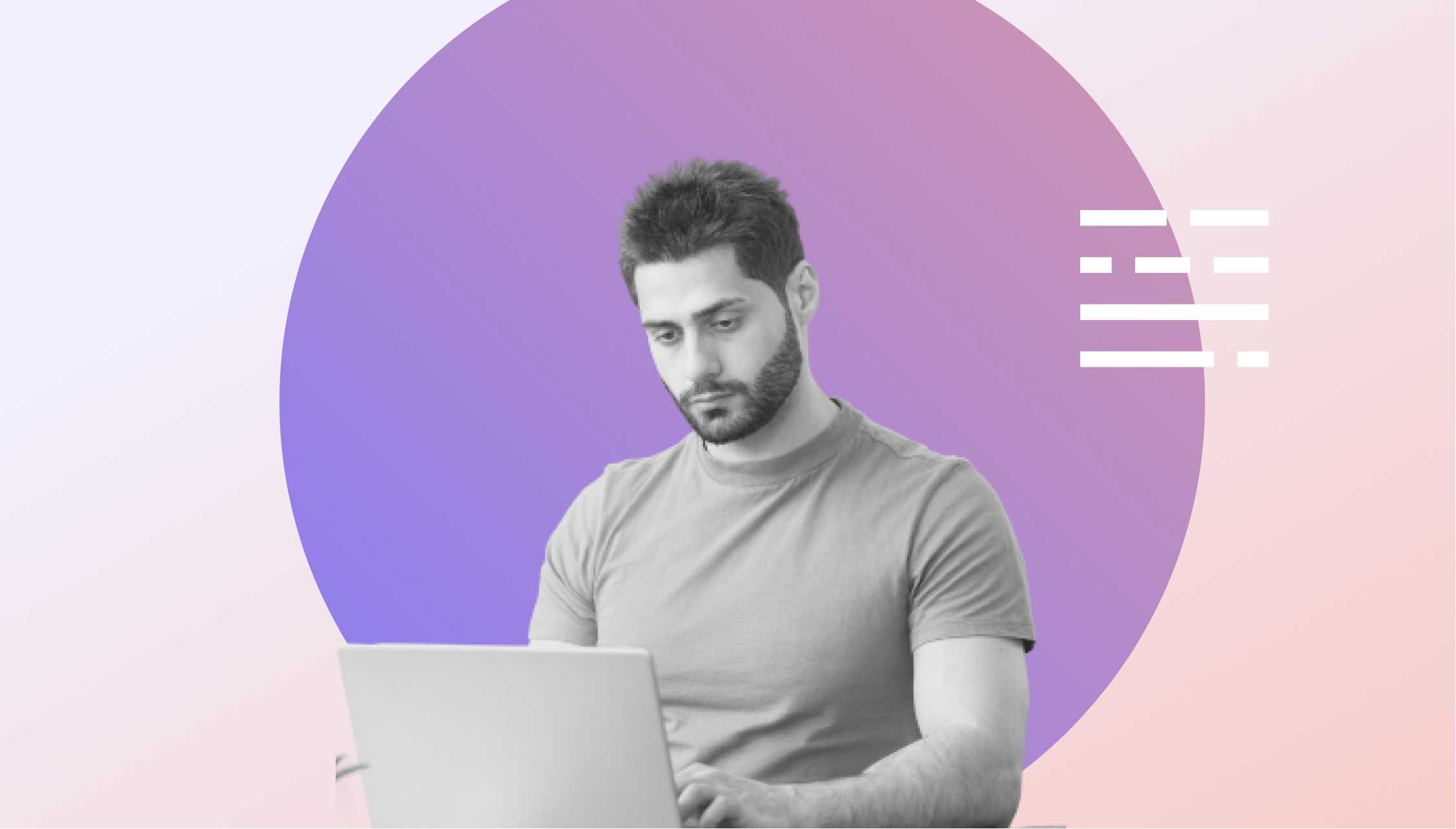 Man with beard for laptop and a purple circle and icon for subdomains