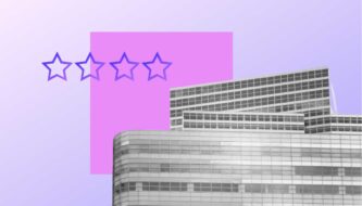 Data Center mit Rating-Icons vor rosa Viereck