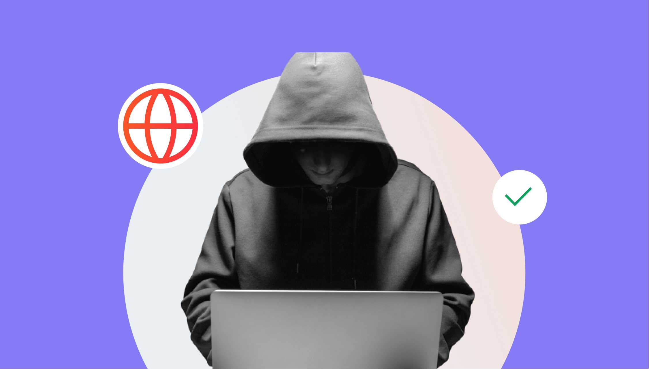 Cyberkrimineller beim Domain Hijacking auf weißem Kreis und einem Weltkugelicon