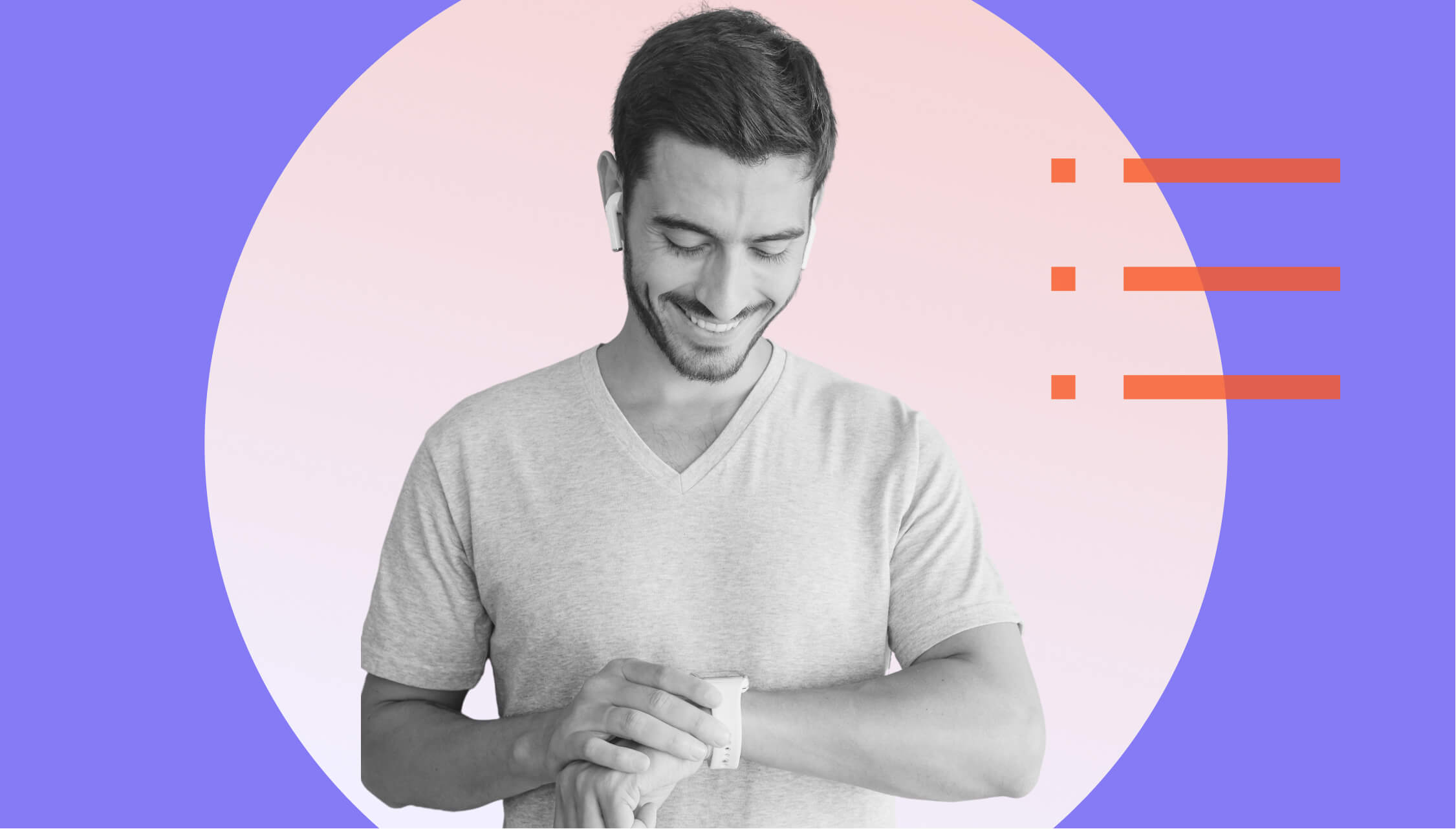 Man with headphones in ear looks at his smartwatch and laughs, background is purple.