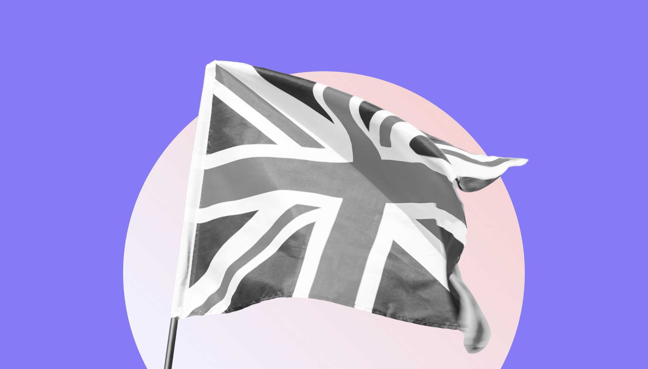 UK flag on a circle with purple background