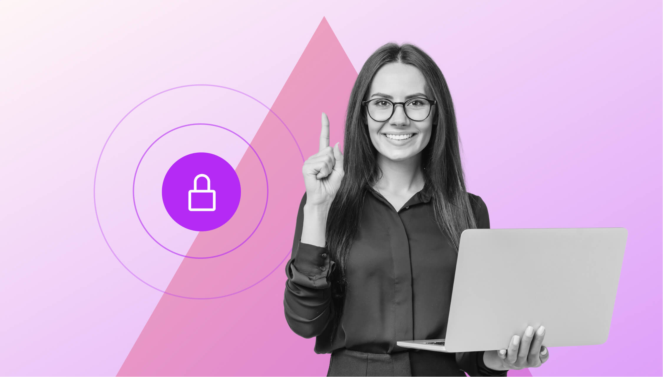 Woman with raised index finger and laptop in hand on purple background with a lock icon.