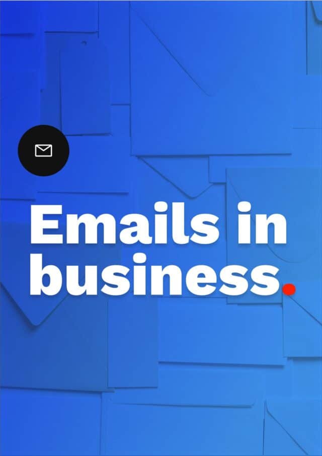 Cover of the e-paper emails in business on blue background.