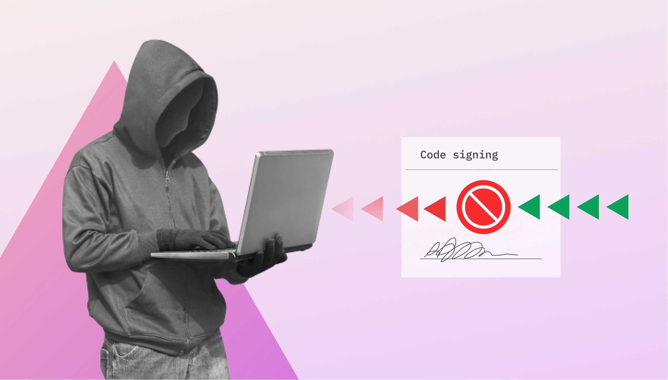 Man with laptop showing how code signing works. On the right is a certificate