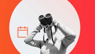 Woman with binoculars on a white circle and orange background incl. a register icon
