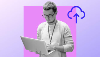 Man with glasses looks intently at the laptop in his hand, the background is purple with a blue cloud icon.