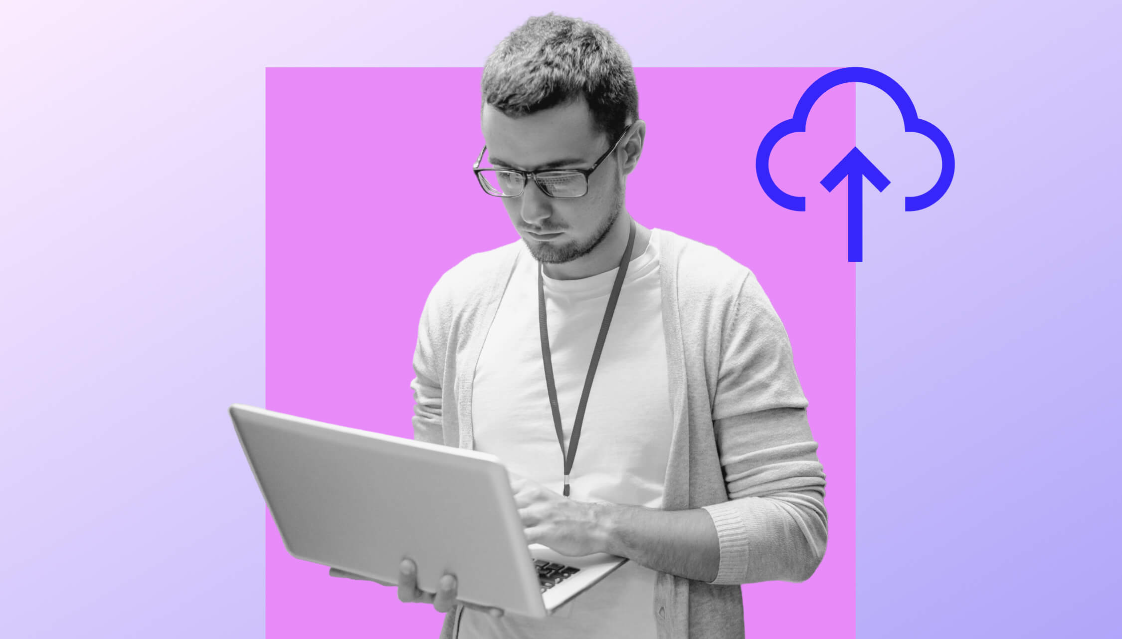 Man with glasses looks intently at the laptop in his hand, the background is purple with a blue cloud icon.