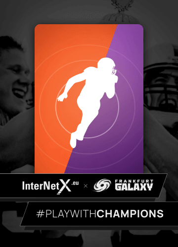 Banner ad for PlaywithChampions campaign with football players in the foreground and InterNetX and Frankfurt Galaxy logos.