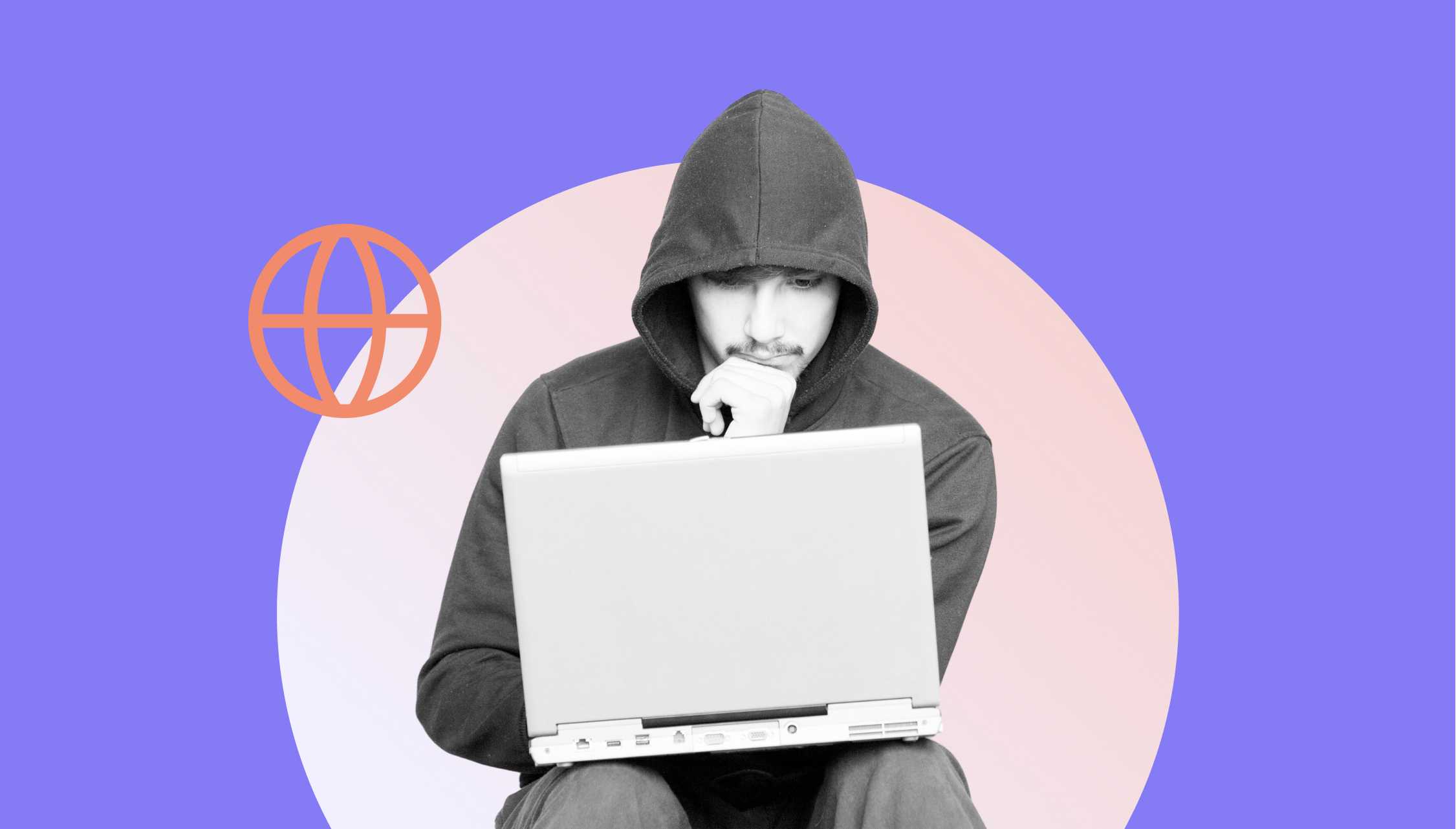 Mann mit Hoodie und Laptop und einem Icon für DNS-Attacken