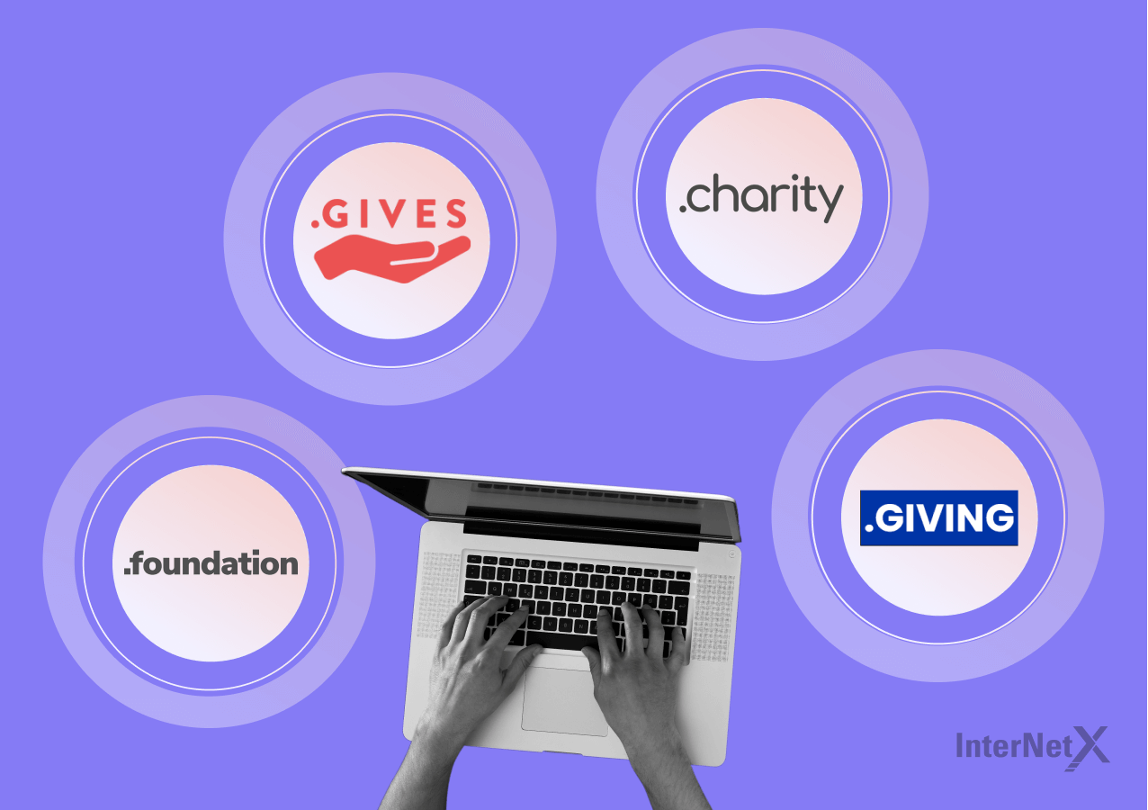 The image shows the new gTLDs .foundation, .gives, .charity, .giving each on a white circular area on a purple background; they surround a notebook and hands typing on it.