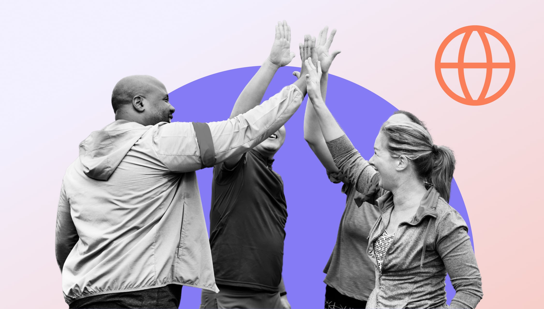 Black and white image of two women and two men respectively high-fiving each other at the same time to signal their joint strong readiness in mission-driven projects.